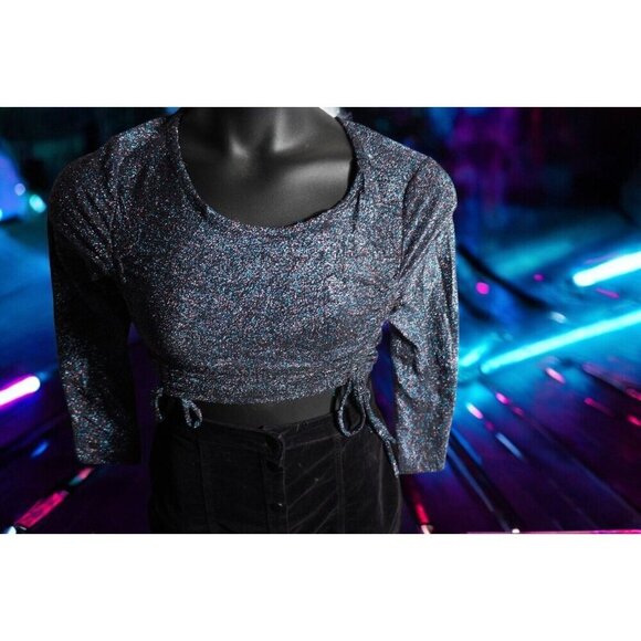 Jade Metallic Glitter Ruched Crop Top – Y2K Party Clubwear – Size L - Picture 7 of 15